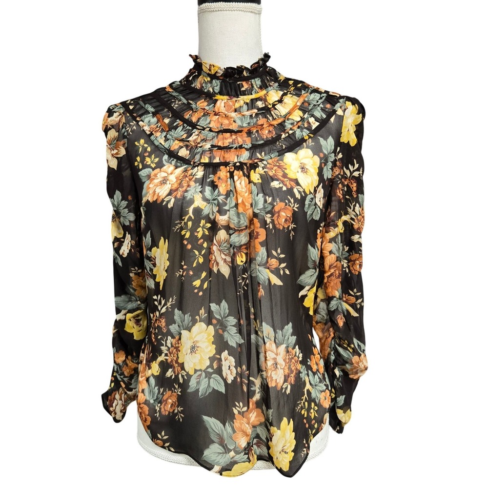 Veronica Beard Floral Ruffle High Neck Silk Blouse Top Black Orange Womens Sz
XS